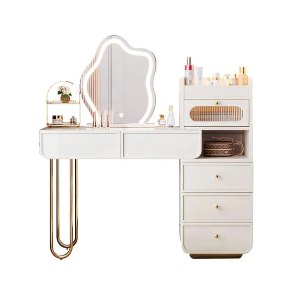 Zofia Vanity Dressing Table with mirror & stool, interiors Off-White Makeup Vanity Set Dressing Table with Lighted Mirror Cabinet & Stool Included.