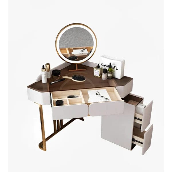 Vicente Vanity Dressing Table with Stool & Mirror, Dressing Table with Mirror and Stool, 4 Drawers Modern Vanity Makeup Writing Desk Bedroom Furniture, Metal Legs