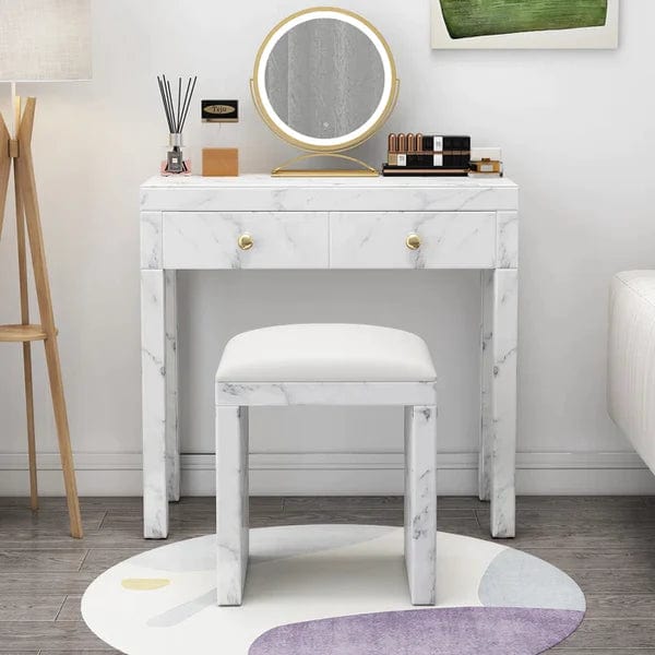 Maximilian Vanity Dressing Table With Stool & Mirror, 2 Storage Drawers Makeup Vanity Set, Dressing Cosmetic Desk with Large Tabletop for Girls
