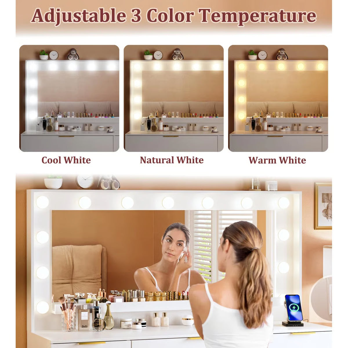 Vanity Table with Lighted Mirror, 9 Drawers, Built-In Power Outlet, and Spacious Storage-OUCH CART | Dressing table 