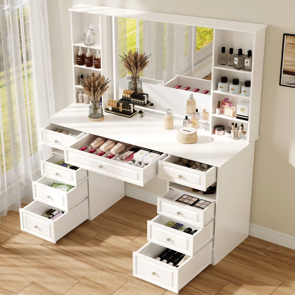 Large 47’’ Vanity Desk with LED Lighted Adjustable Mirror and 9 Storage Drawers