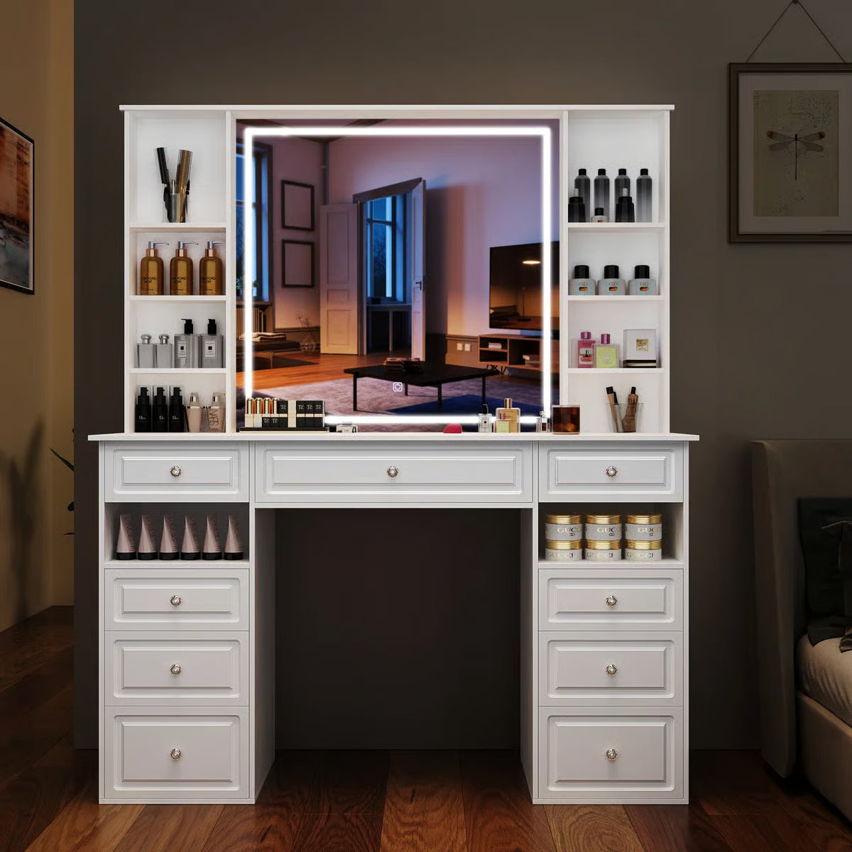 Large 47’’ Vanity Desk with LED Lighted Adjustable Mirror and 9 Storage Drawers