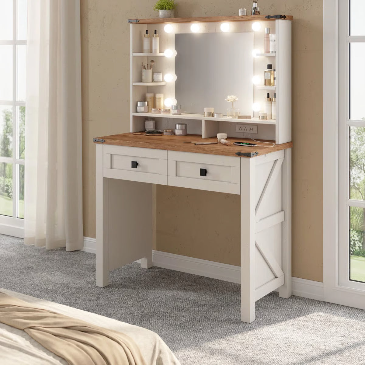 31.5" Farmhouse Vanity Desk with LED Lighted Mirror, Adjustable 3-Color Lighting, Storage Drawers & Shelves, and Charging Station