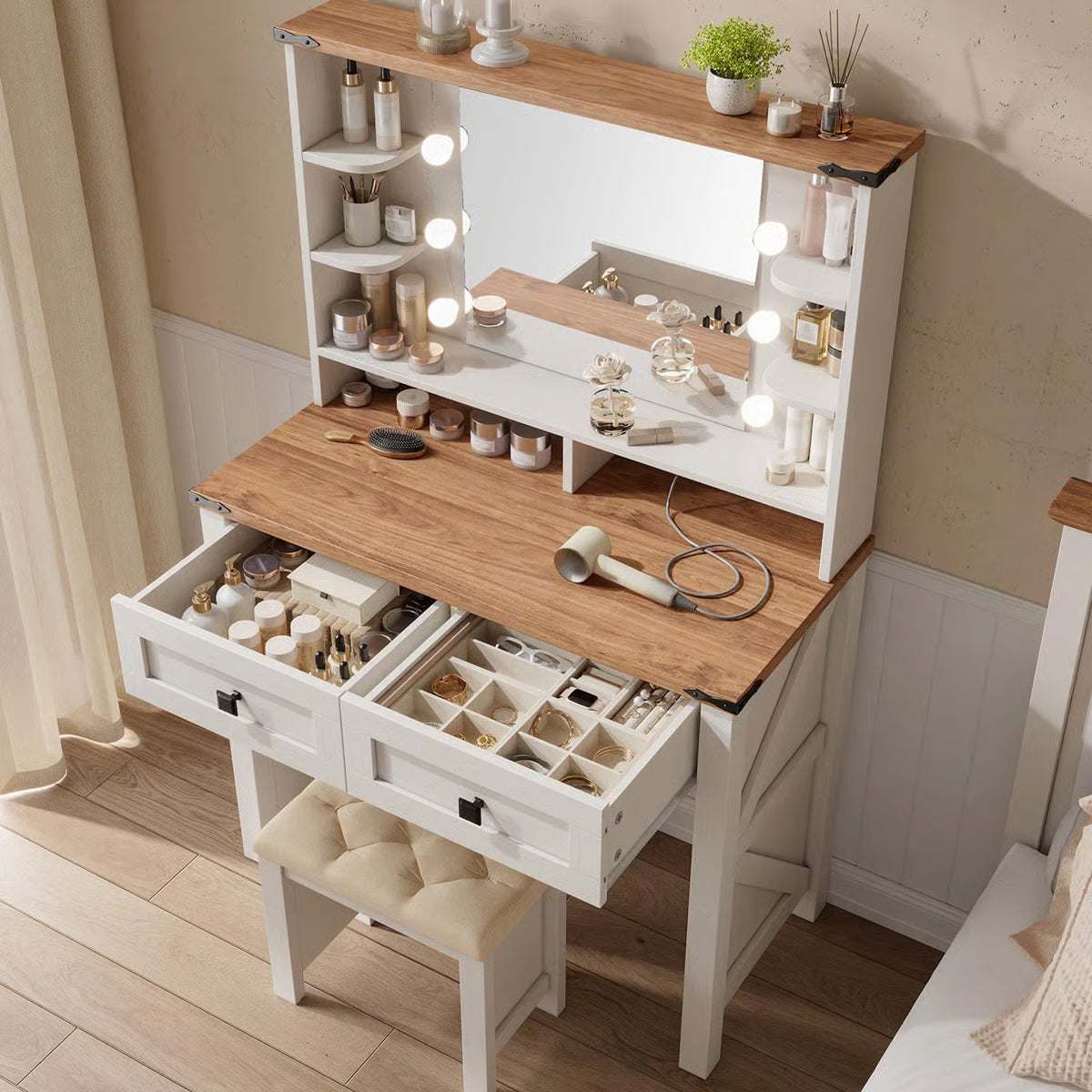 31.5" Farmhouse Vanity Desk with LED Lighted Mirror, Adjustable 3-Color Lighting, Storage Drawers & Shelves, and Charging Station at OUCH CART - OUCH CART | Dressing table 