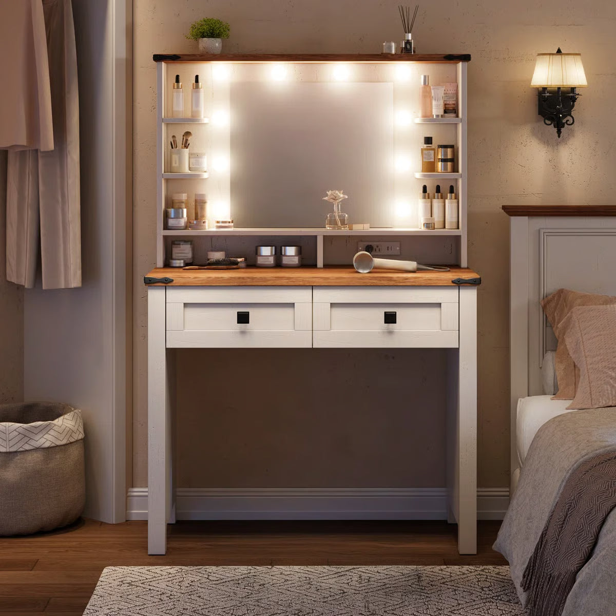 31.5" Farmhouse Vanity Desk with LED Lighted Mirror, Adjustable 3-Color Lighting, Storage Drawers & Shelves, and Charging Station