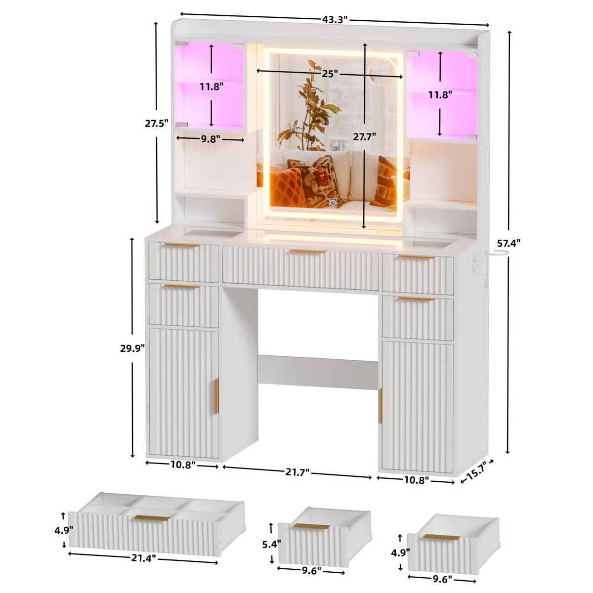 Fluted Lighted Makeup Vanity Table with 3-Color LED Lighting and Glass Top