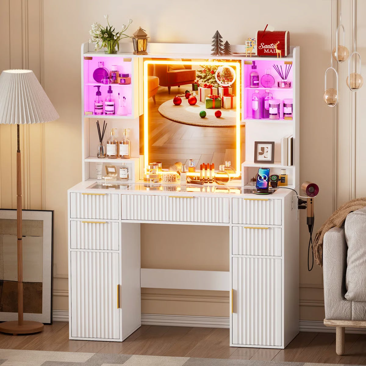 Fluted Lighted Makeup Vanity Table with 3-Color LED Lighting and Glass Top