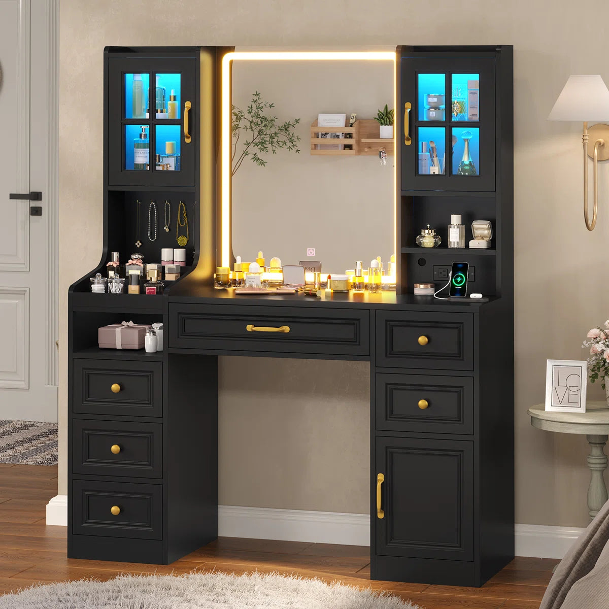 Modern Vanity Desk with 6 Drawers, Touch Control Mirror & Lights, Cabinets, Charging Station, and Hooks