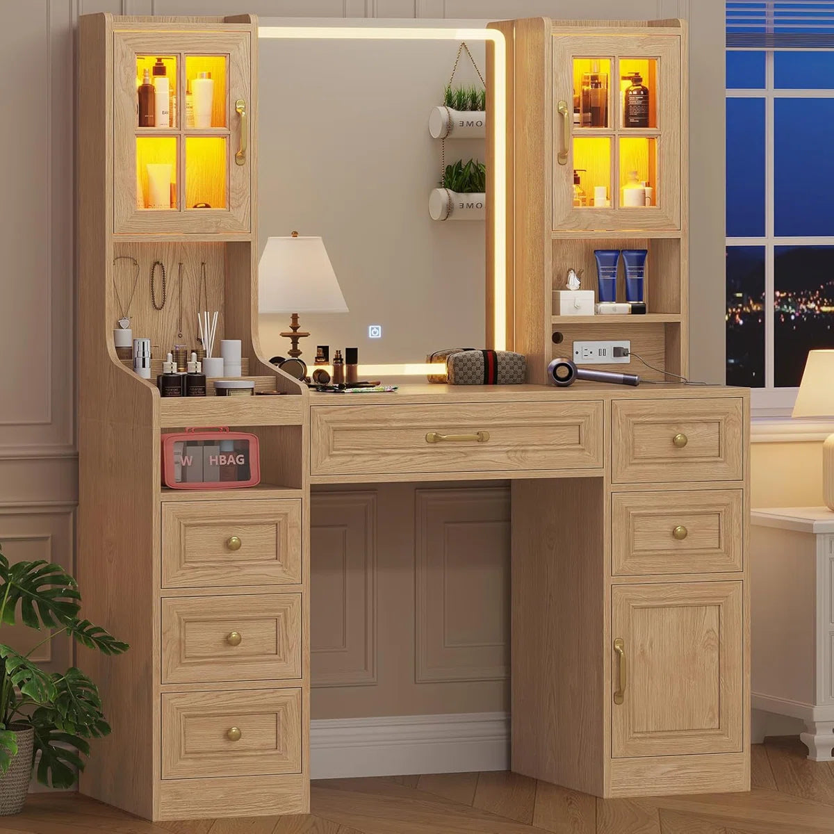 Modern Vanity Desk with 6 Drawers, Touch Control Mirror & Lights, RGB Cabinets, Charging Station, and Hooks-OUCH CART |Dressing table