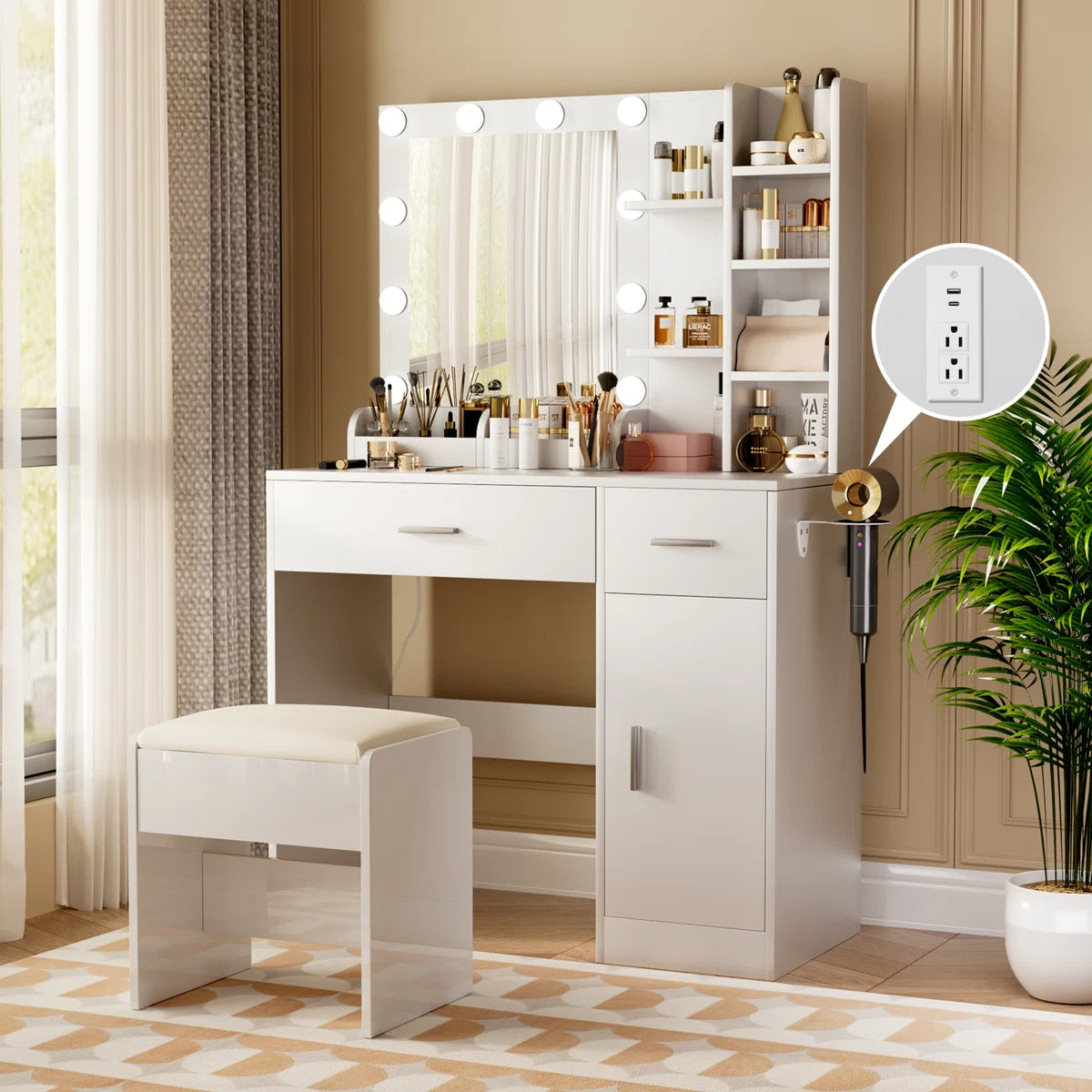 Lighted Vanity Table with Mirror and Comfortable Stool
- OUCH CART | Dressing table 