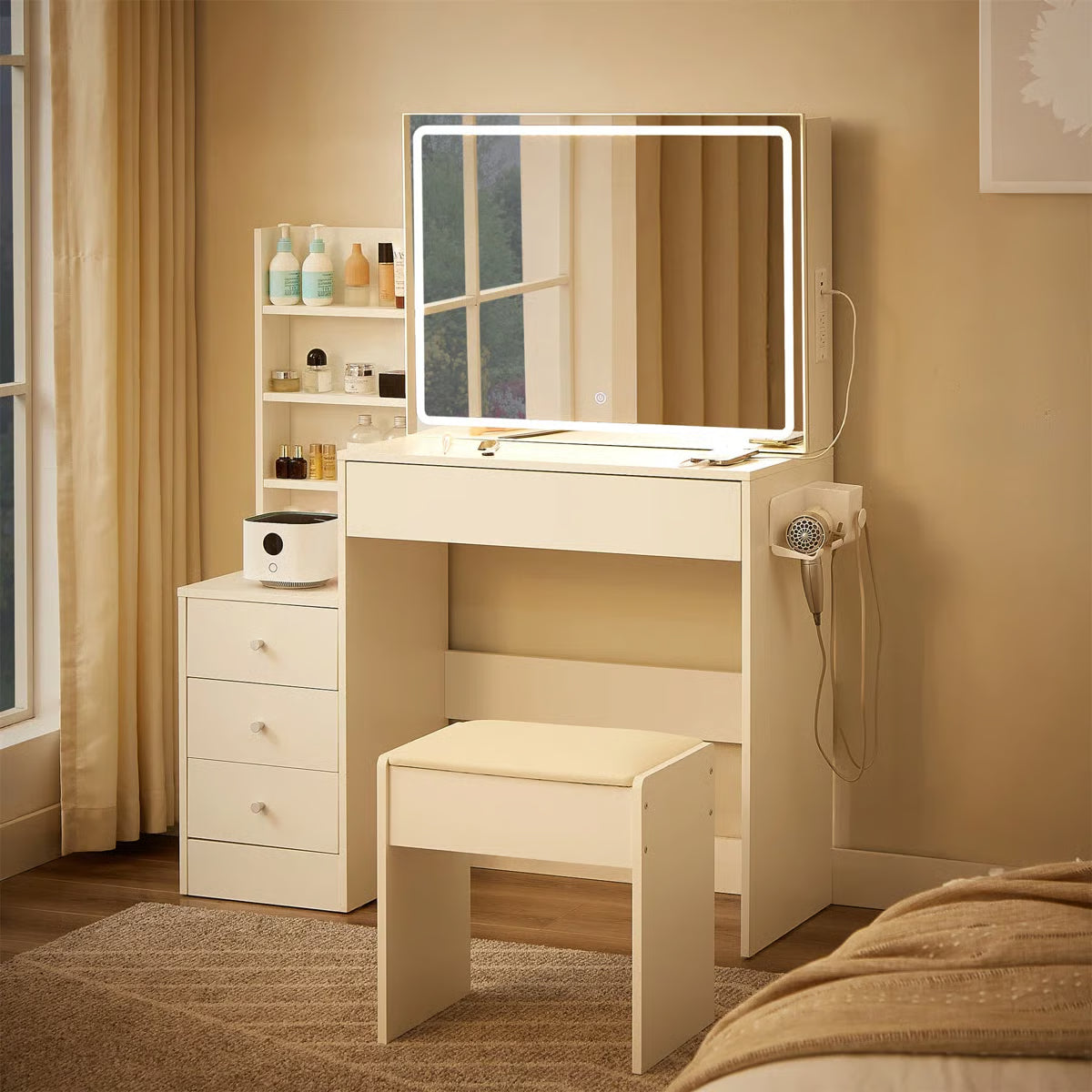 With 4 Drawers And Upholstered Stool, Brightness Adjustable In 3 Lighting Modes, Storage Table,43.3"L *15.7"W -OUCH CART |Dressing table