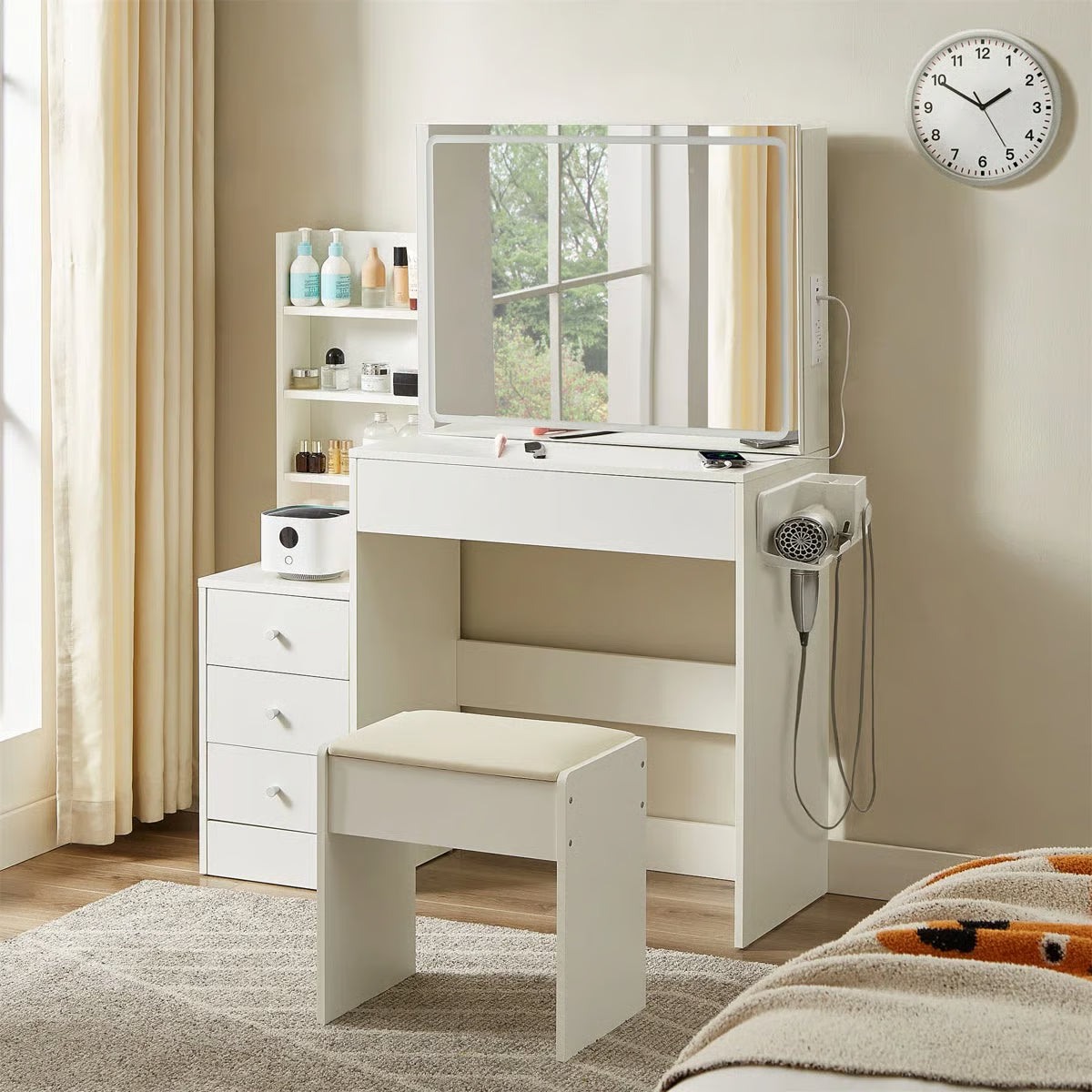 With 4 Drawers And Upholstered Stool, Brightness Adjustable In 3 Lighting Modes, Storage Table,43.3"L *15.7"W