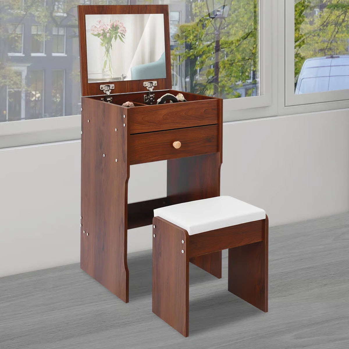 Compact Vanity Table with Mirror and Comfortable Seating