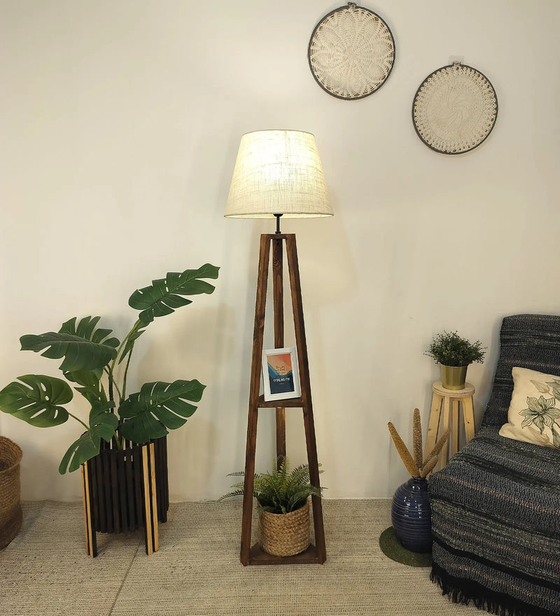 Vantage Wooden Floor Lamp with Brown Base and Jute Fabric Lampshade (BULB NOT INCLUDED) - Image 4