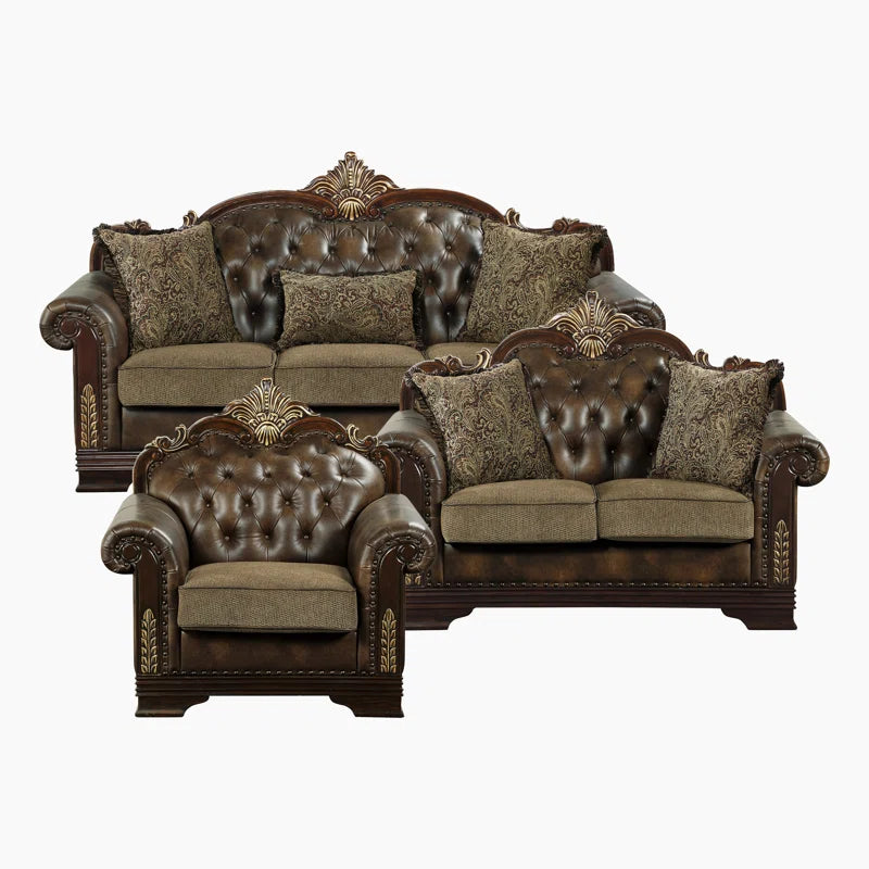 Vega 3-Piece Traditional Living Room Set - Faux leather Living Room Set, Classic Button-Tufted Detail, Sophisticated Nailhead Trim