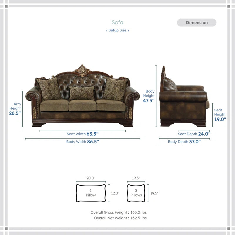 Vega 3-Piece Traditional Living Room Set - Faux leather Living Room Set, Classic Button-Tufted Detail, Sophisticated Nailhead Trim