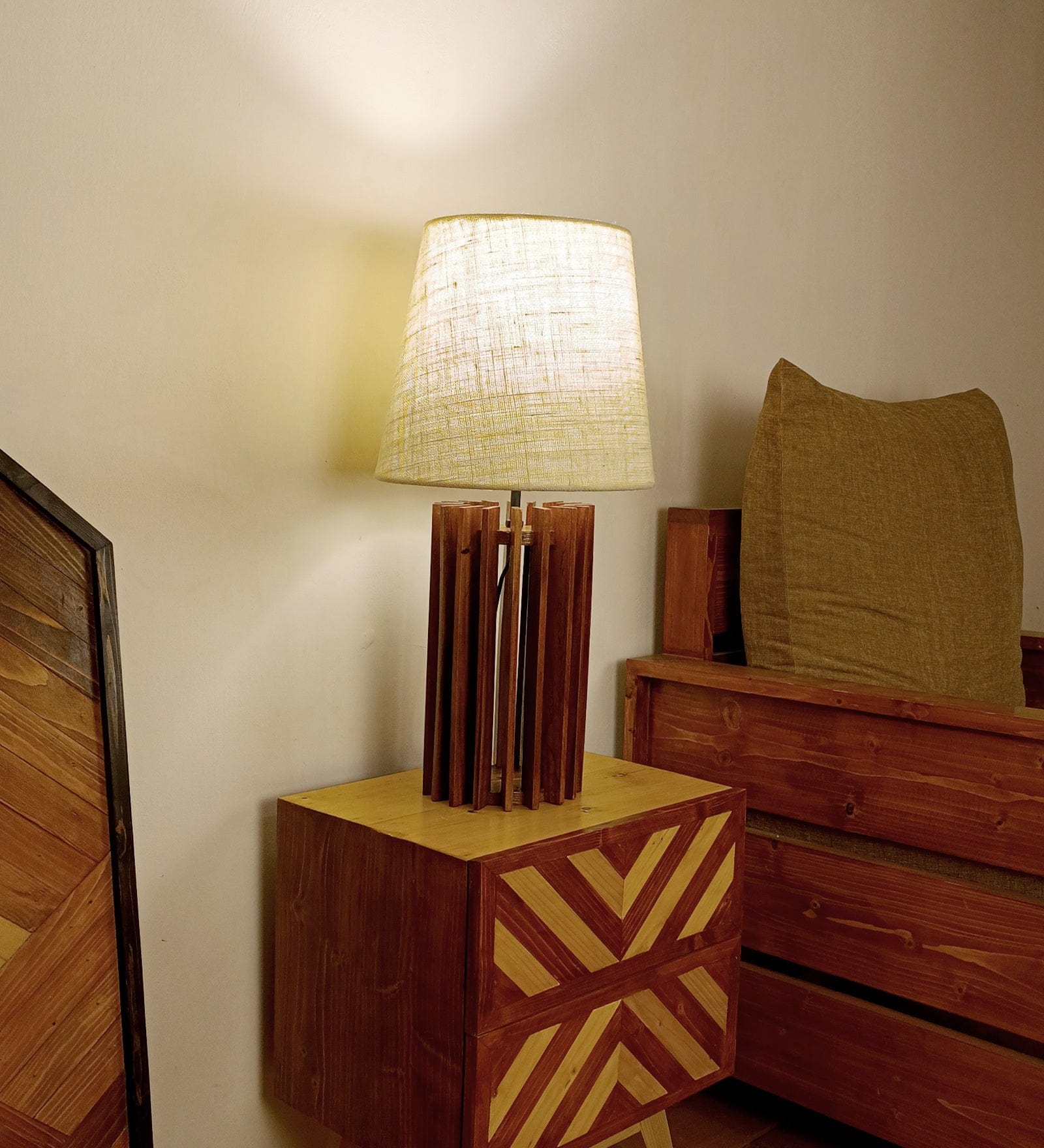 Ventus Brown Wooden Table Lamp with Yellow Printed Fabric Lampshade (BULB NOT INCLUDED)