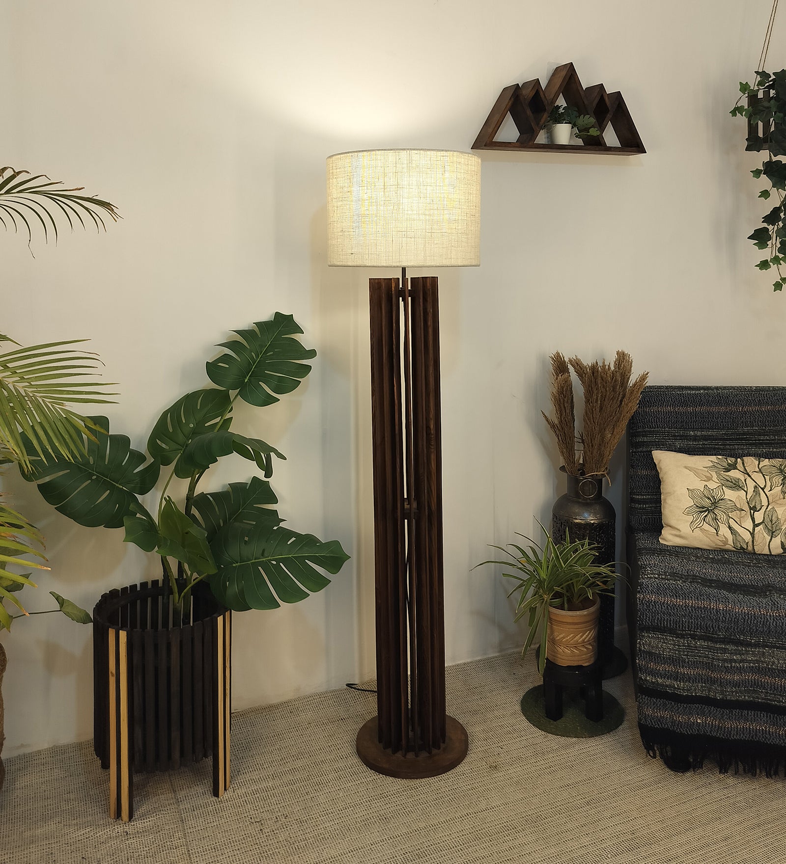 Ventus Wooden Floor Lamp with Premium Beige Fabric Lampshade (BULB NOT INCLUDED)