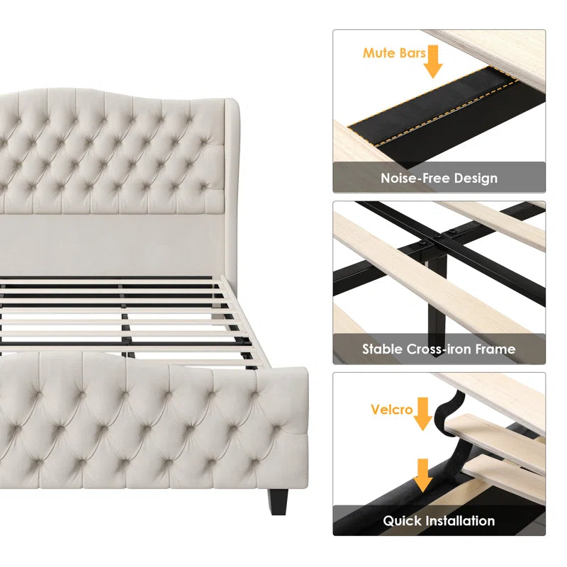 Vernita 54.3" Handmade Tufted Tall Bed Frame with Velvet Headboard, Tall Wing-Back Platform Bed