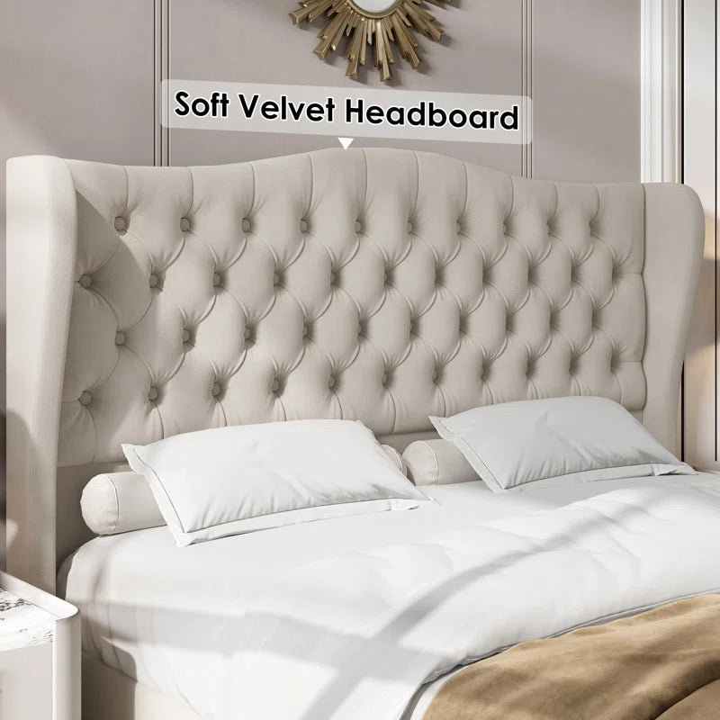 Vernita 54.3" Handmade Tufted Tall Bed Frame with Velvet Headboard, Tall Wing-Back Platform Bed