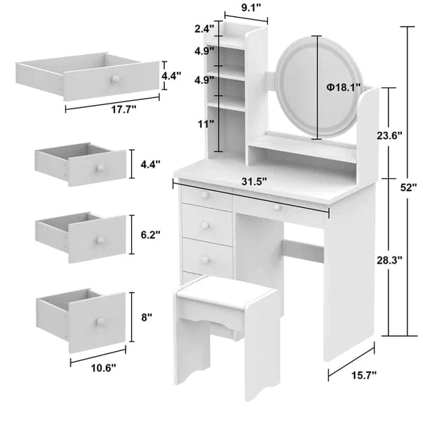 Marie Vanity Dressing Table With Storage, Makeup Desk with Round Mirror and Stool, for Girls Bedroom Vanity Table, 5 Drawers, (White)