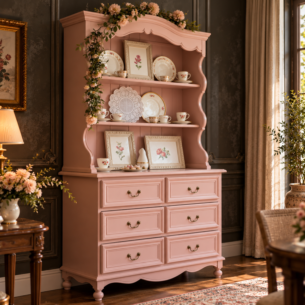 Vintage Blush Pink Wooden Hutch Cabinet with 6 Drawers & Open Display Shelves | French Country Furniture