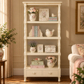 Vintage Cream Wooden Bookshelf with 5 Open Shelves and 2 Drawers | Shabby Chic Display Rack