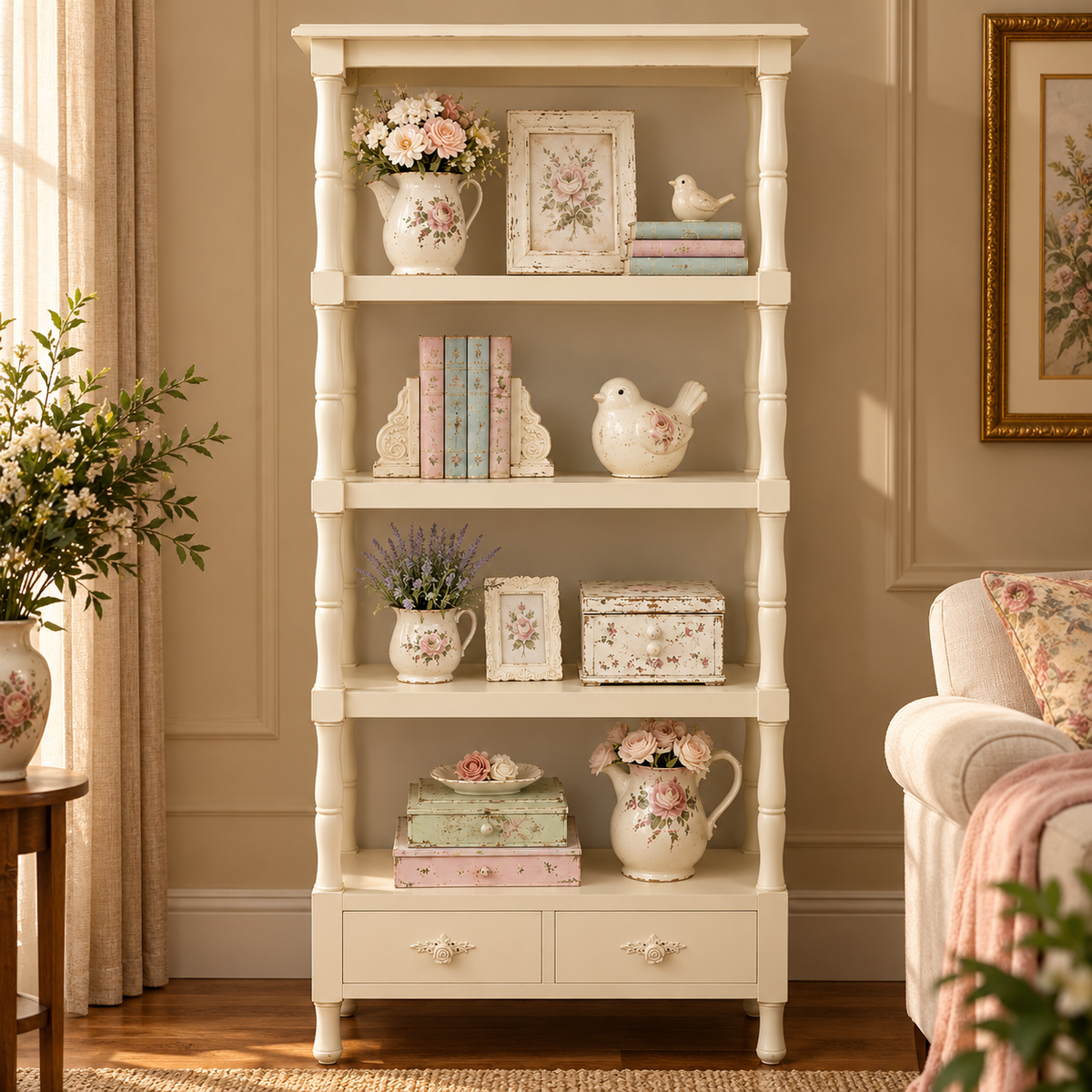 Vintage Cream Wooden Bookshelf with 5 Open Shelves and 2 Drawers | Shabby Chic Display Rack