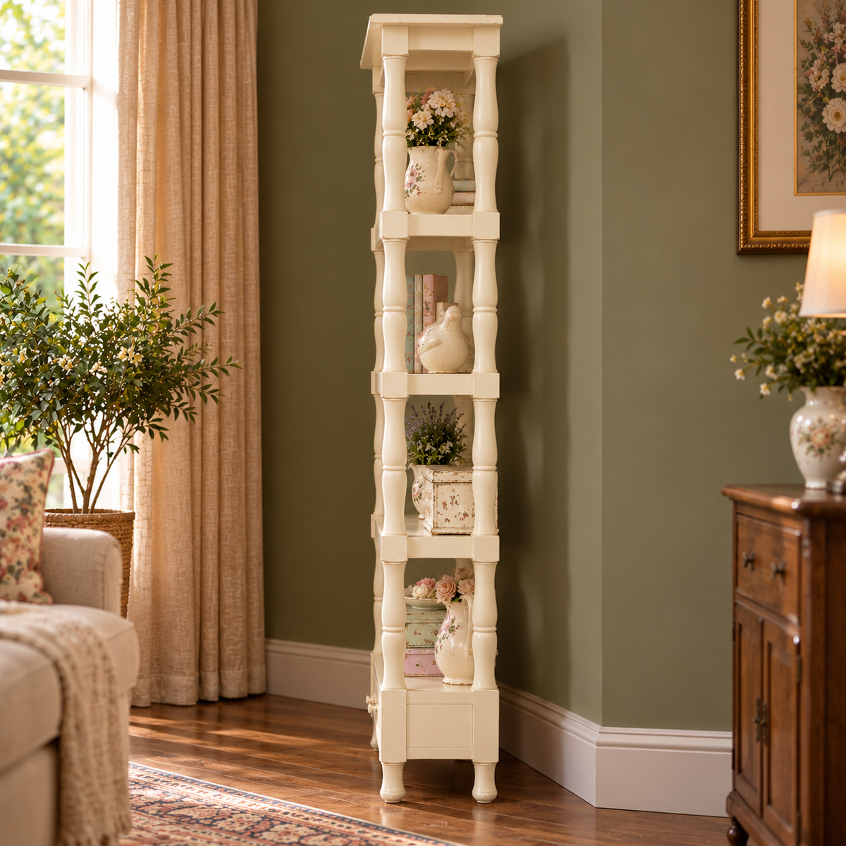Vintage Cream Wooden Bookshelf with 5 Open Shelves and 2 Drawers | Shabby Chic Display Rack
