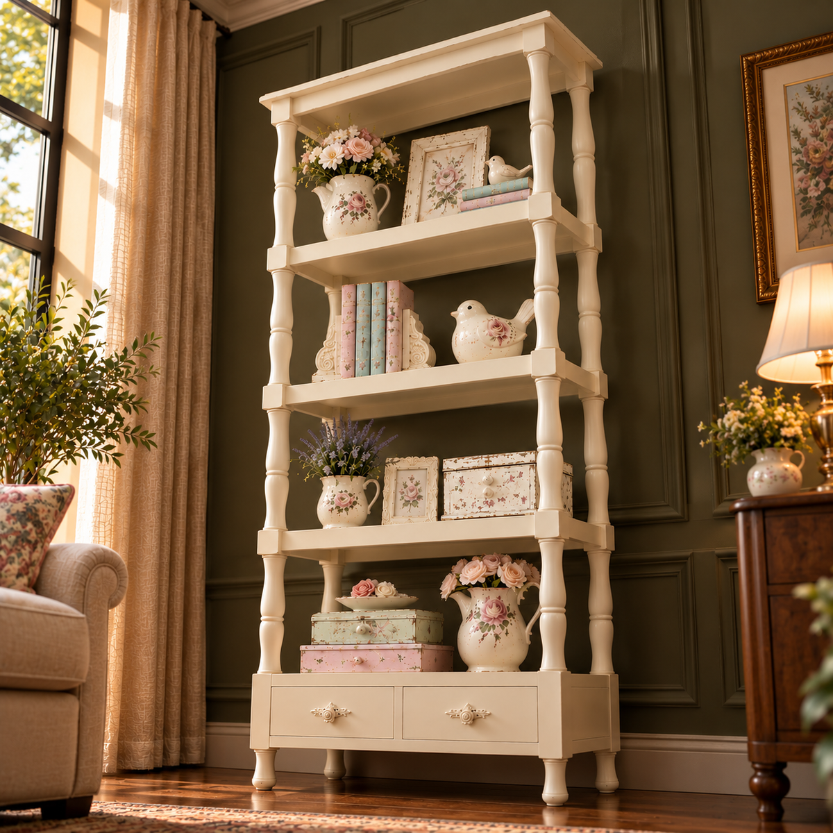 Vintage Cream Wooden Bookshelf with 5 Open Shelves and 2 Drawers | Shabby Chic Display Rack