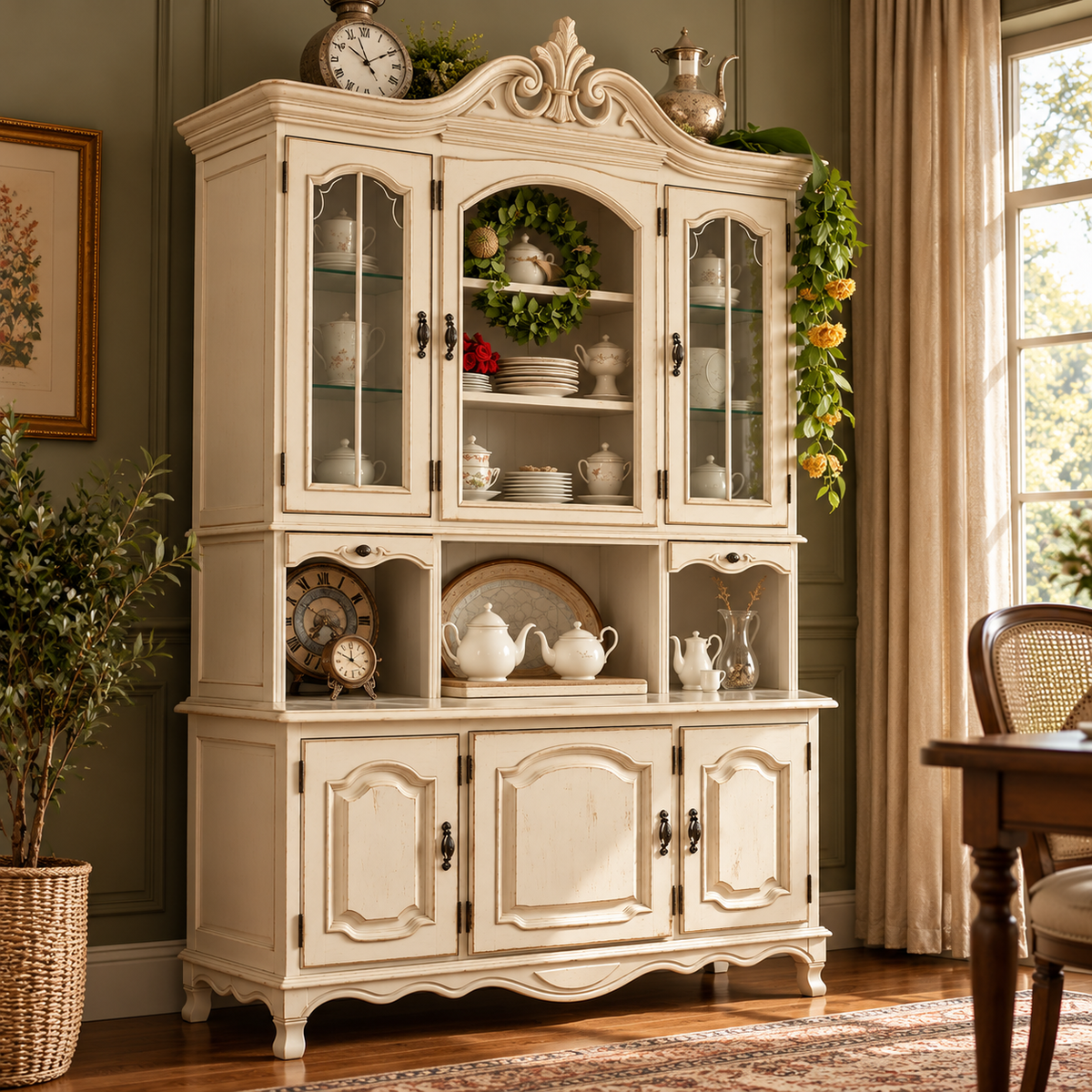 Vintage Ivory Wooden Crockery Cabinet with Glass Doors, Open Display Shelves & 3-Door Storage | French Country Hutch