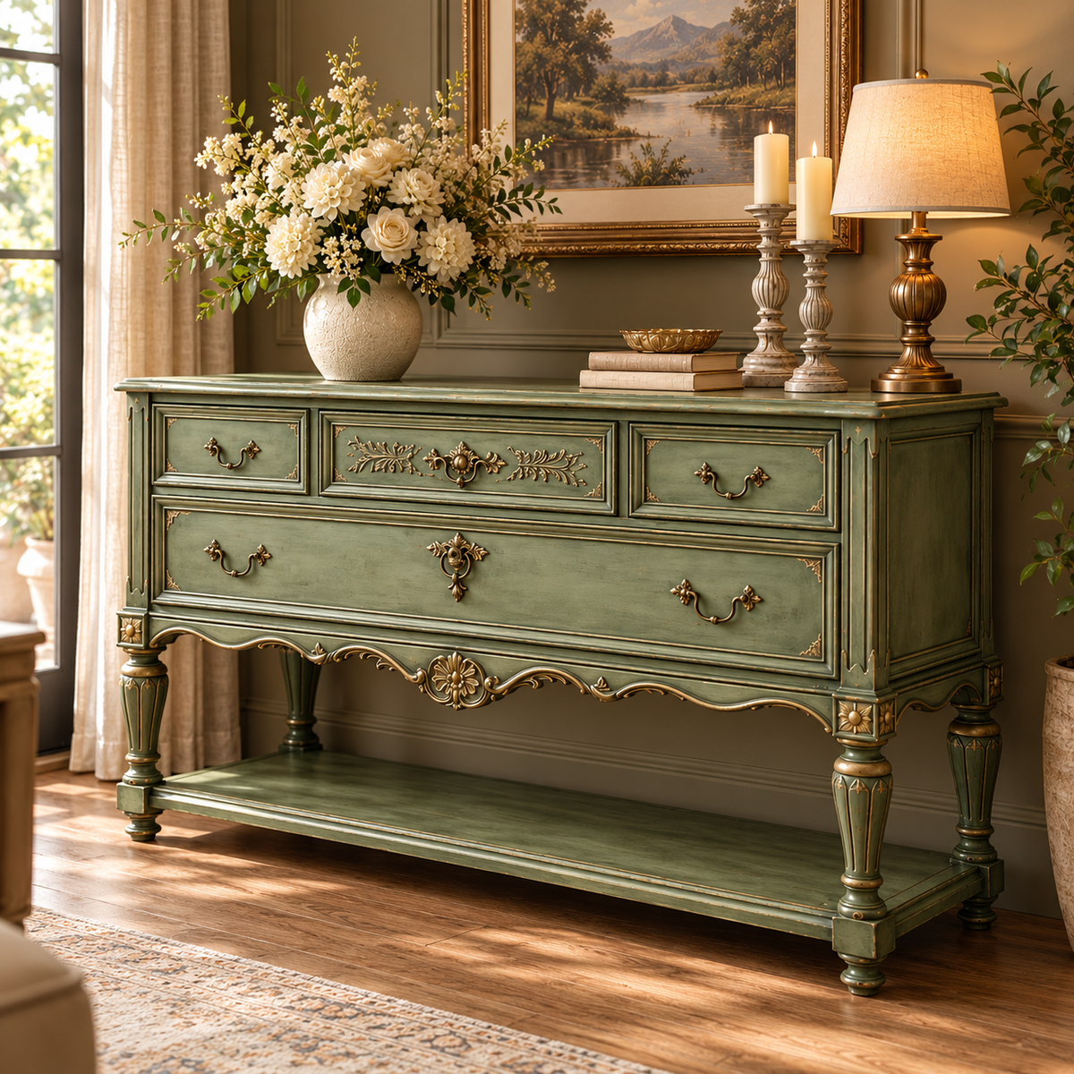 Vintage Sage Green Console Table with 4 Drawers & Lower Shelf | French Provincial Antique-Style Furniture