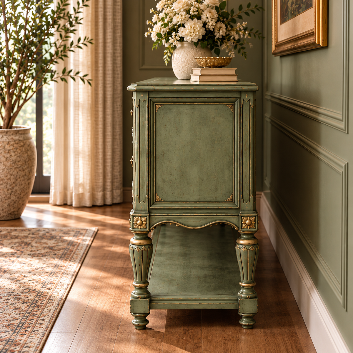 Vintage Sage Green Console Table with 4 Drawers & Lower Shelf | French Provincial Antique-Style Furniture