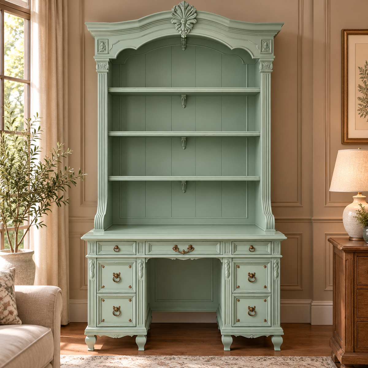 Vintage Sage Green French Country Writing Desk with Hutch, Open Shelves & Drawers