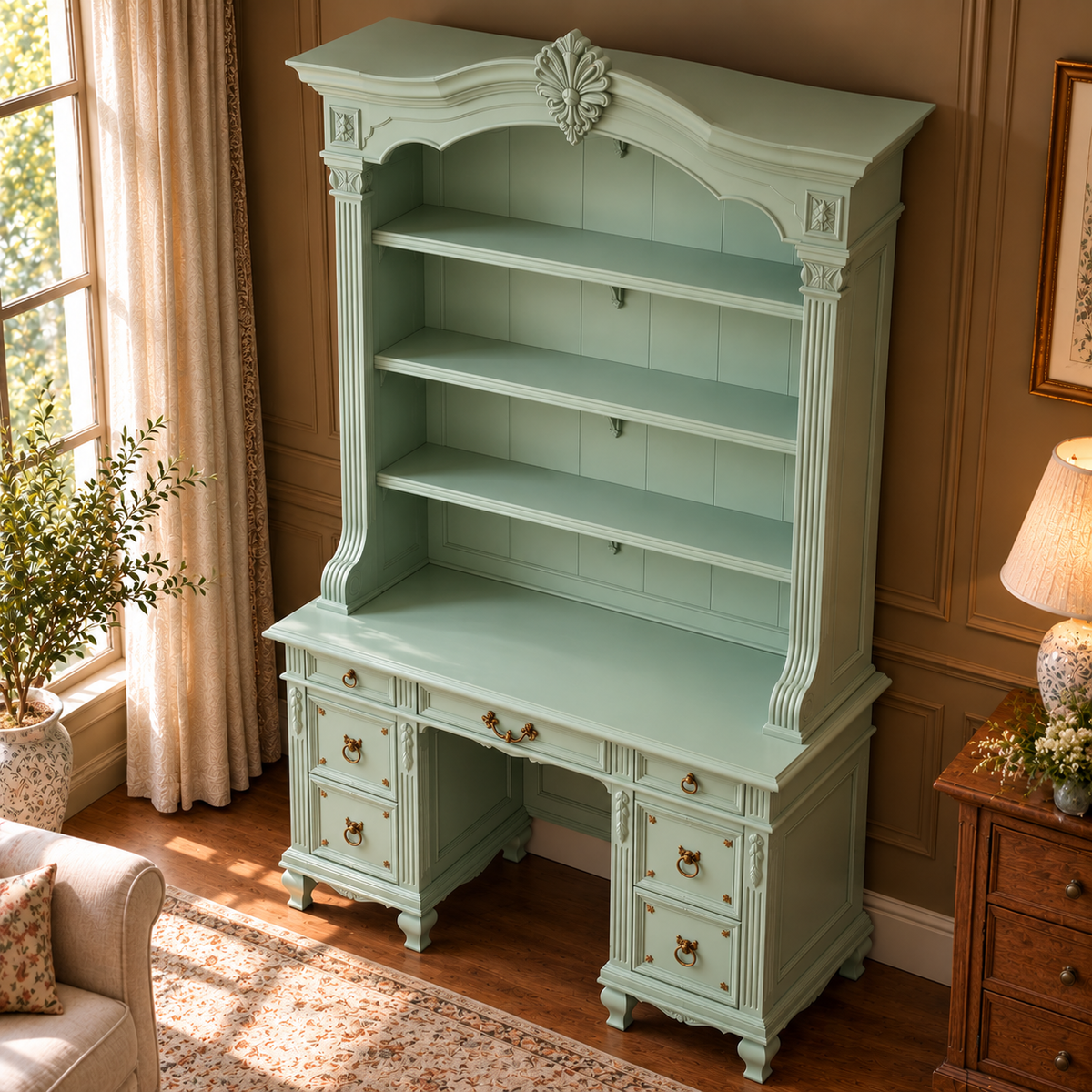 Vintage Sage Green French Country Writing Desk with Hutch, Open Shelves & Drawers
