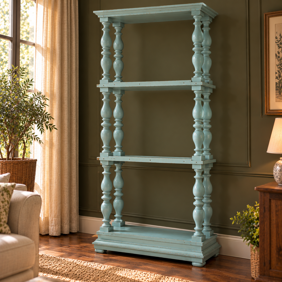 Vintage Teal Blue Wooden Display Shelf with Turned Spindles  Coastal Farmhouse Open Bookshelf