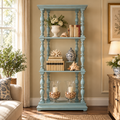 Vintage Teal Blue Wooden Display Shelf with Turned Spindles  Coastal Farmhouse Open Bookshelf