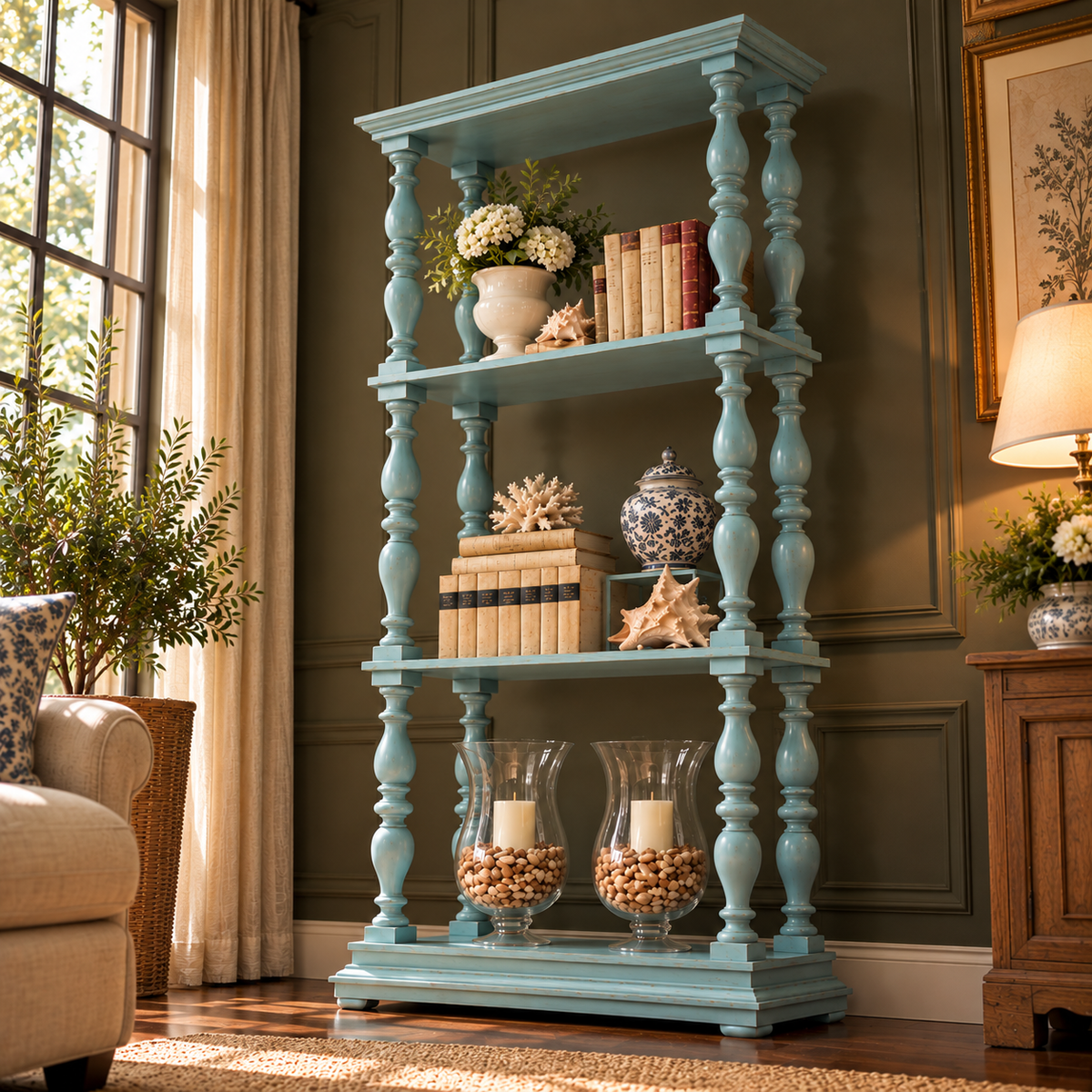 Vintage Teal Blue Wooden Display Shelf with Turned Spindles  Coastal Farmhouse Open Bookshelf
