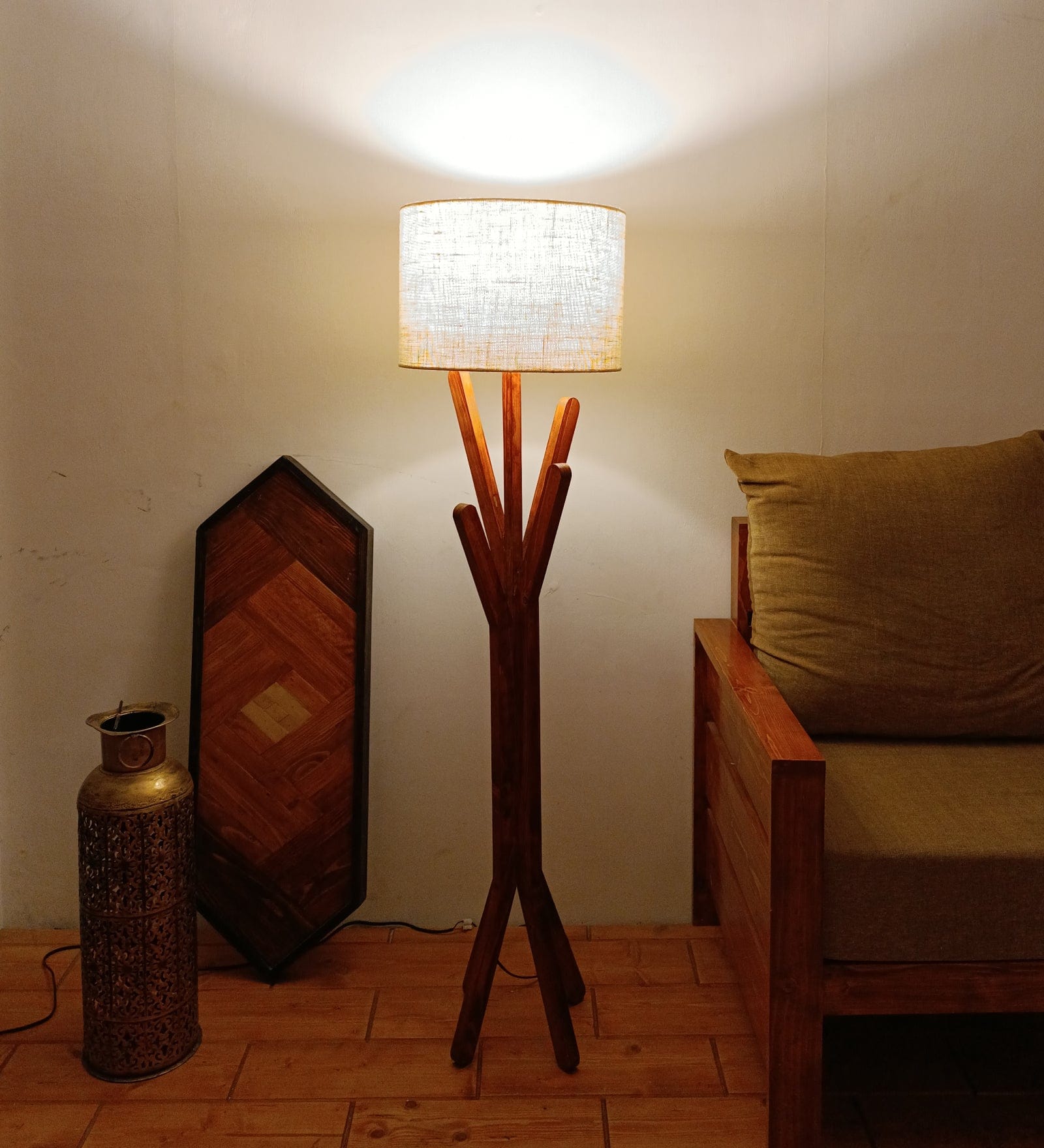 Vrikshya Wooden Floor Lamp with Brown Base and Premium Beige Fabric Lampshade (BULB NOT INCLUDED)