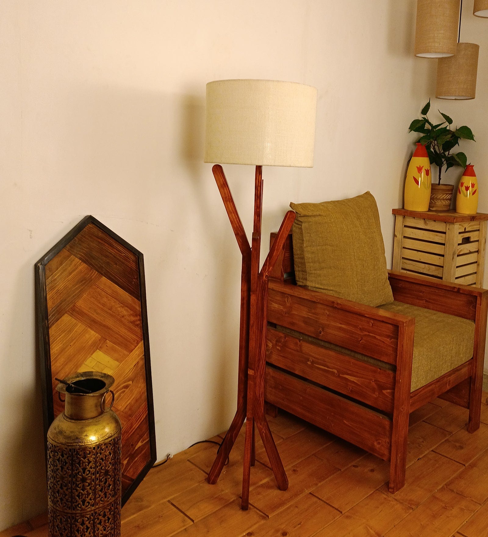 Vrikshya Wooden Floor Lamp with Brown Base and Premium Beige Fabric Lampshade (BULB NOT INCLUDED)