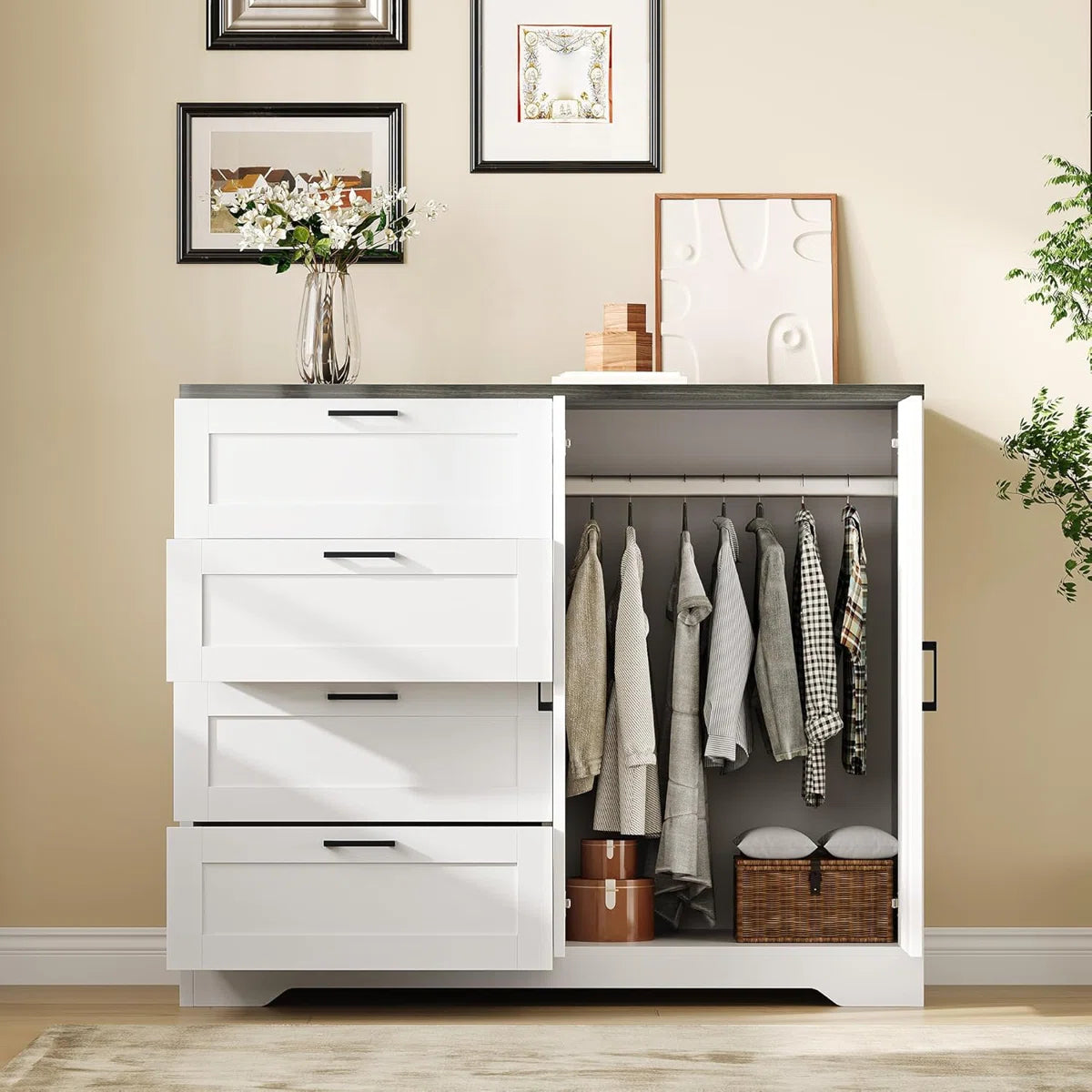 43.3" H Multifunctional Wooden Armoire with 4 Drawers, Hanging Rod & Storage Cabinet for Bedroom