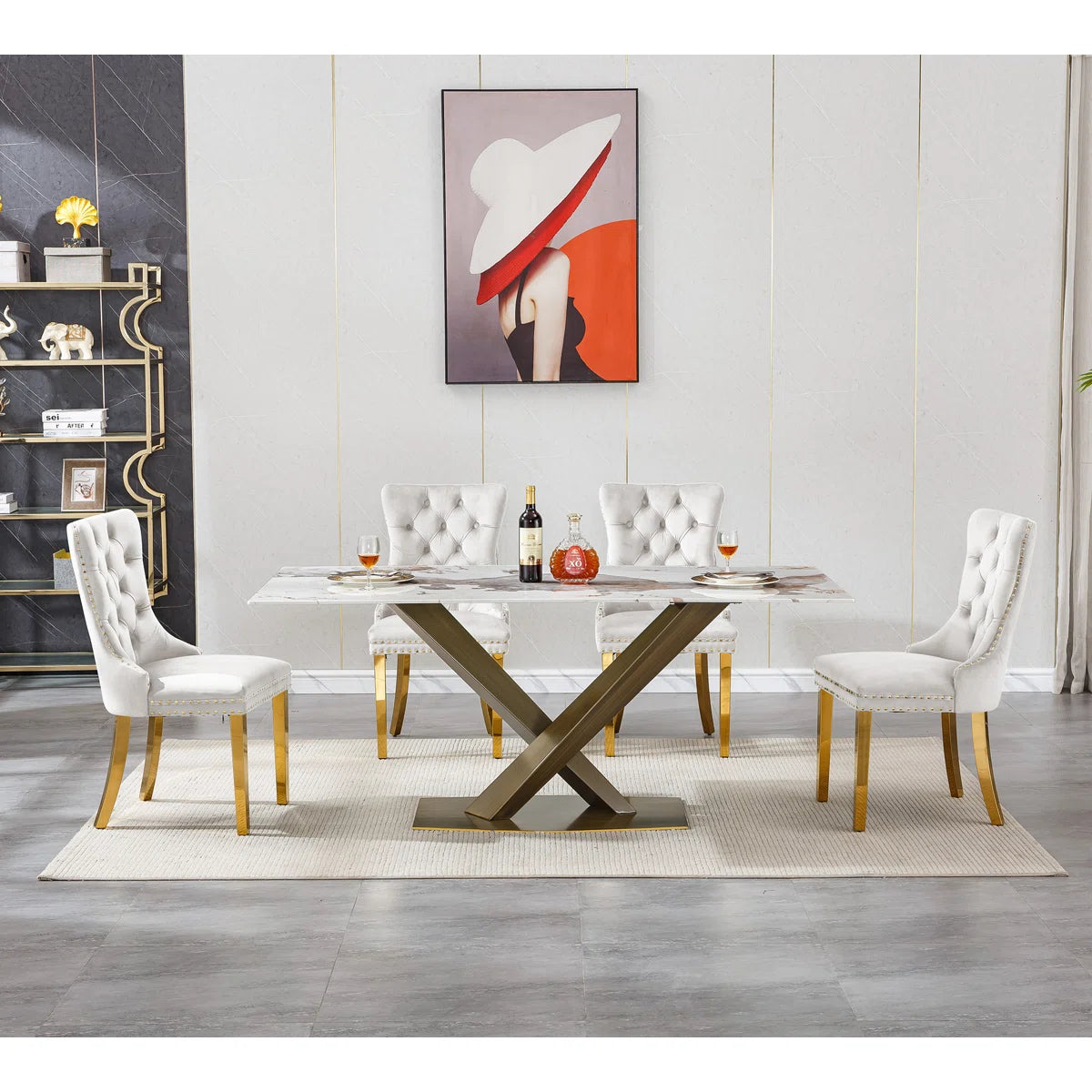 Faux Marble Dining Table Set, Marble Dining Table Set with Tufted Dining Chairs, 70 in Rectangle Large Kitchen Dining Room Table Set with Bronze Carbon Steel Frame for Home