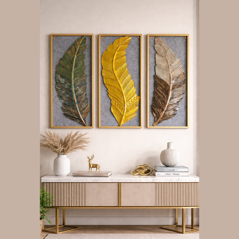 (Pack Of 3) Luxury Metal Leaf Wall Art | Decorative Wall Hanging for Living Room Bedroom Hotel Restaurant Drawing Room