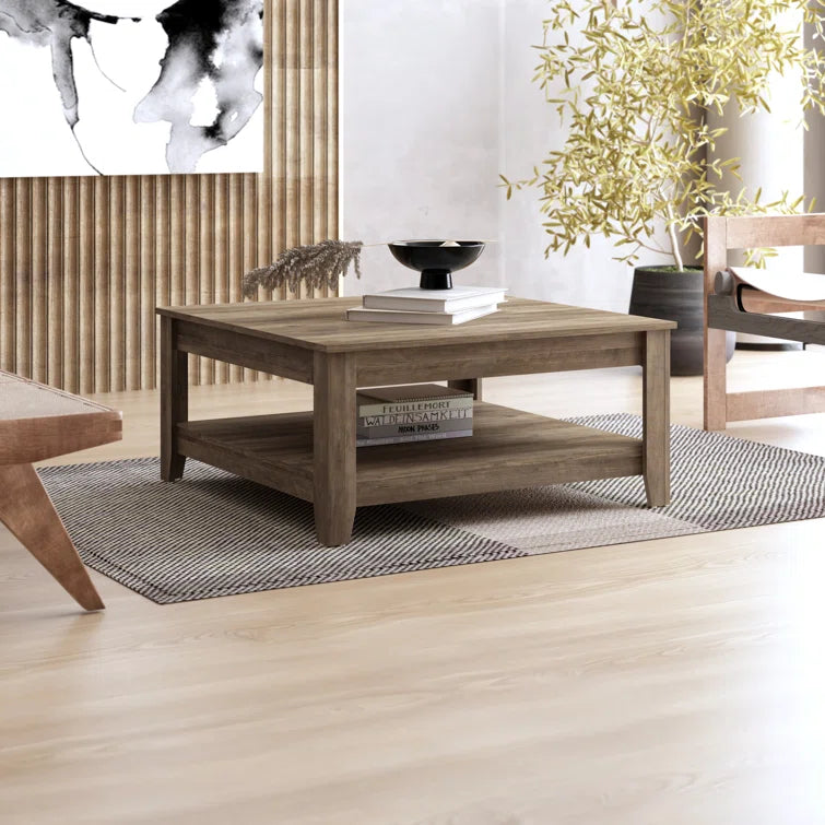 Square Wooden Coffee Table with Open Shelf