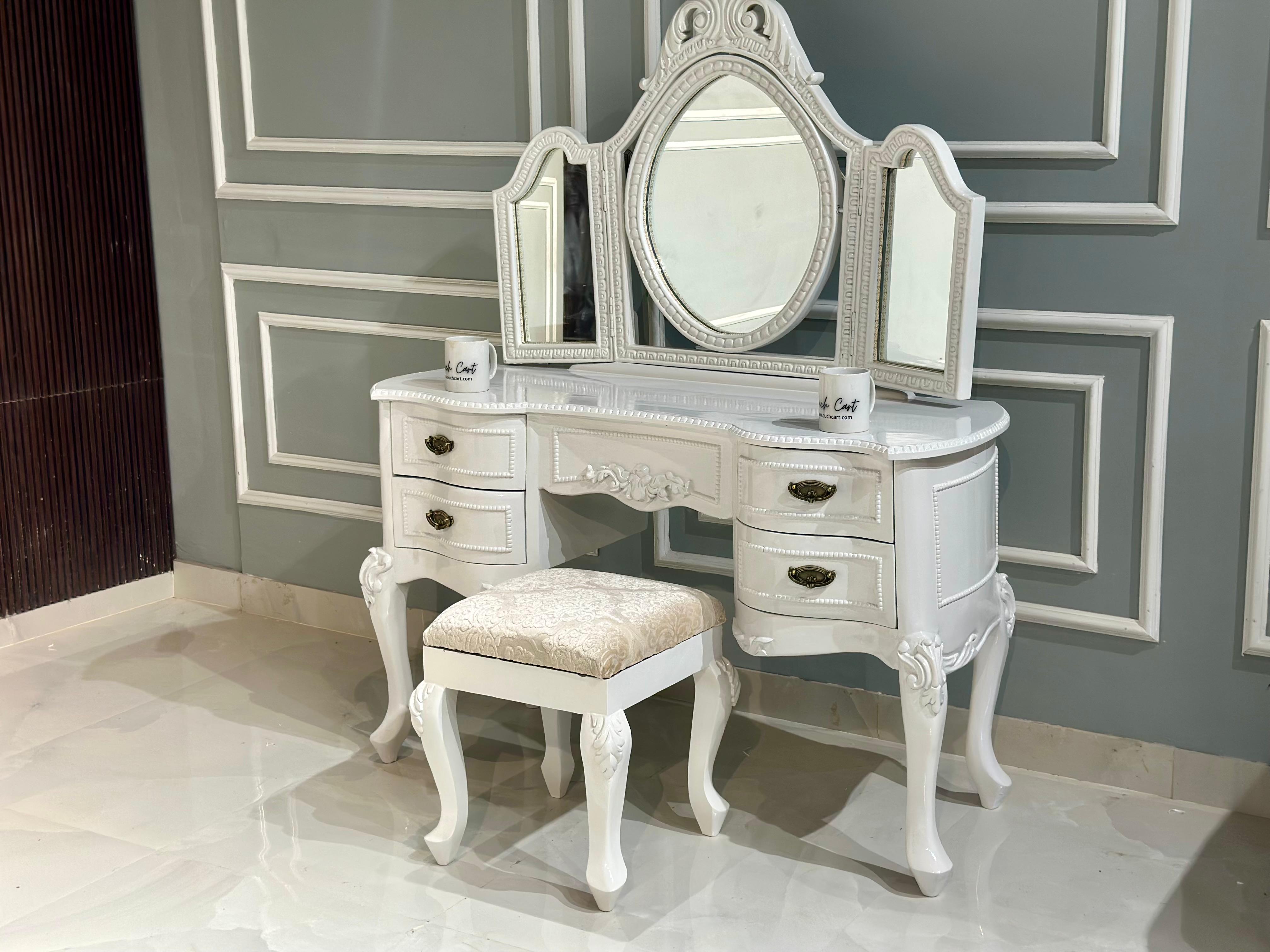 Ktaxon Vanity Make Up Table White Dressing Table Set with Stool 5 Drawer and 3 Foldable Mirror with Led Lights