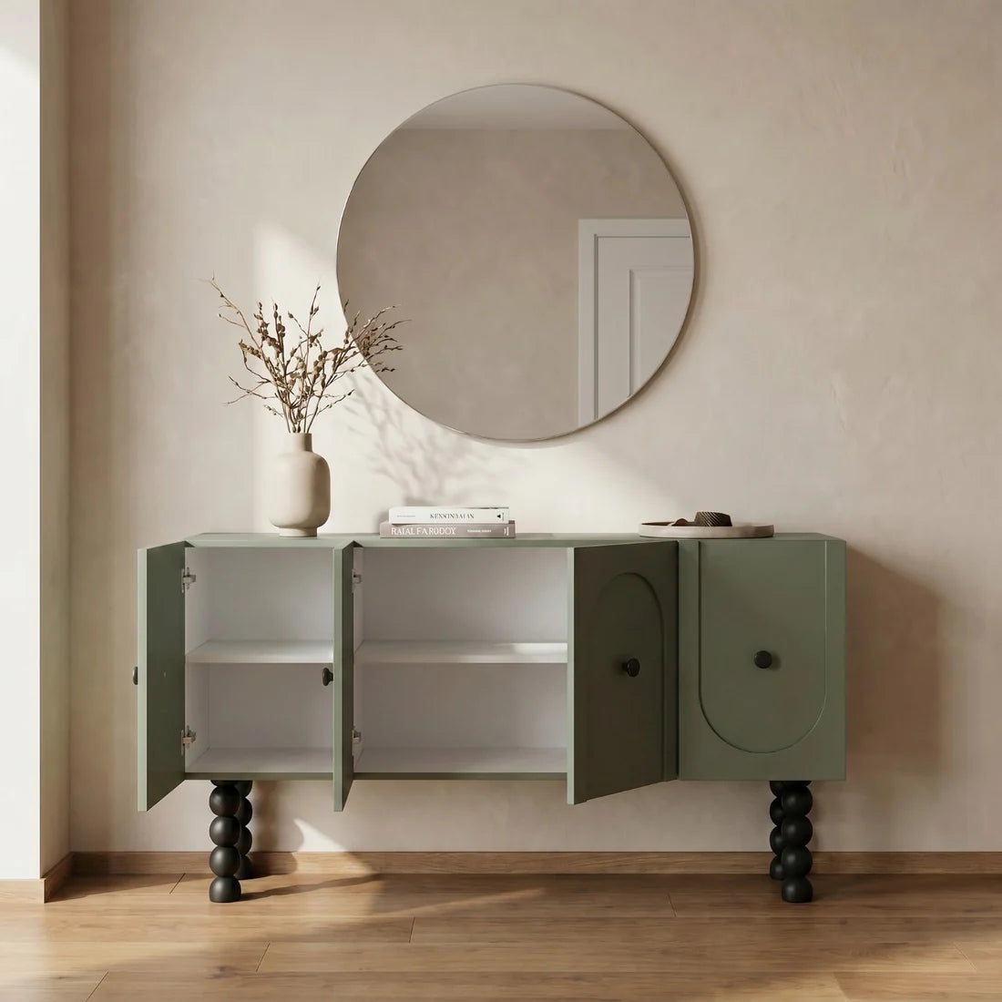 Modern Sage Green Sideboard Cabinet with 4 Doors