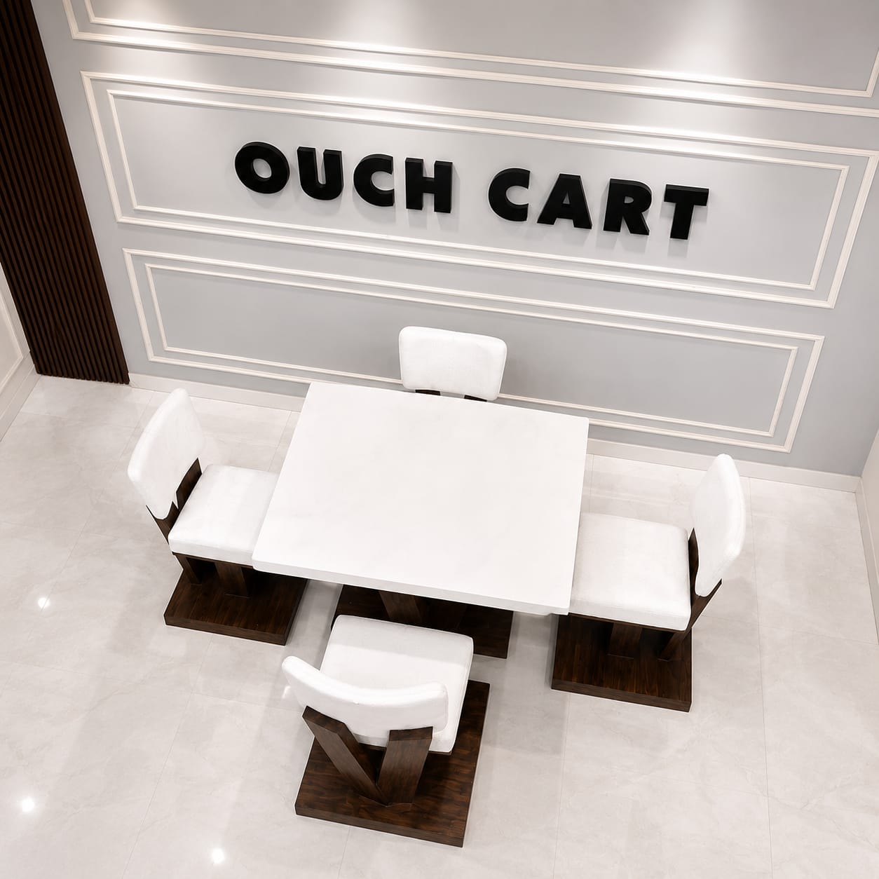Ouch Cart Modern 4 Seater Dining Table Set | White Table with Cushioned Chairs & Wooden Base