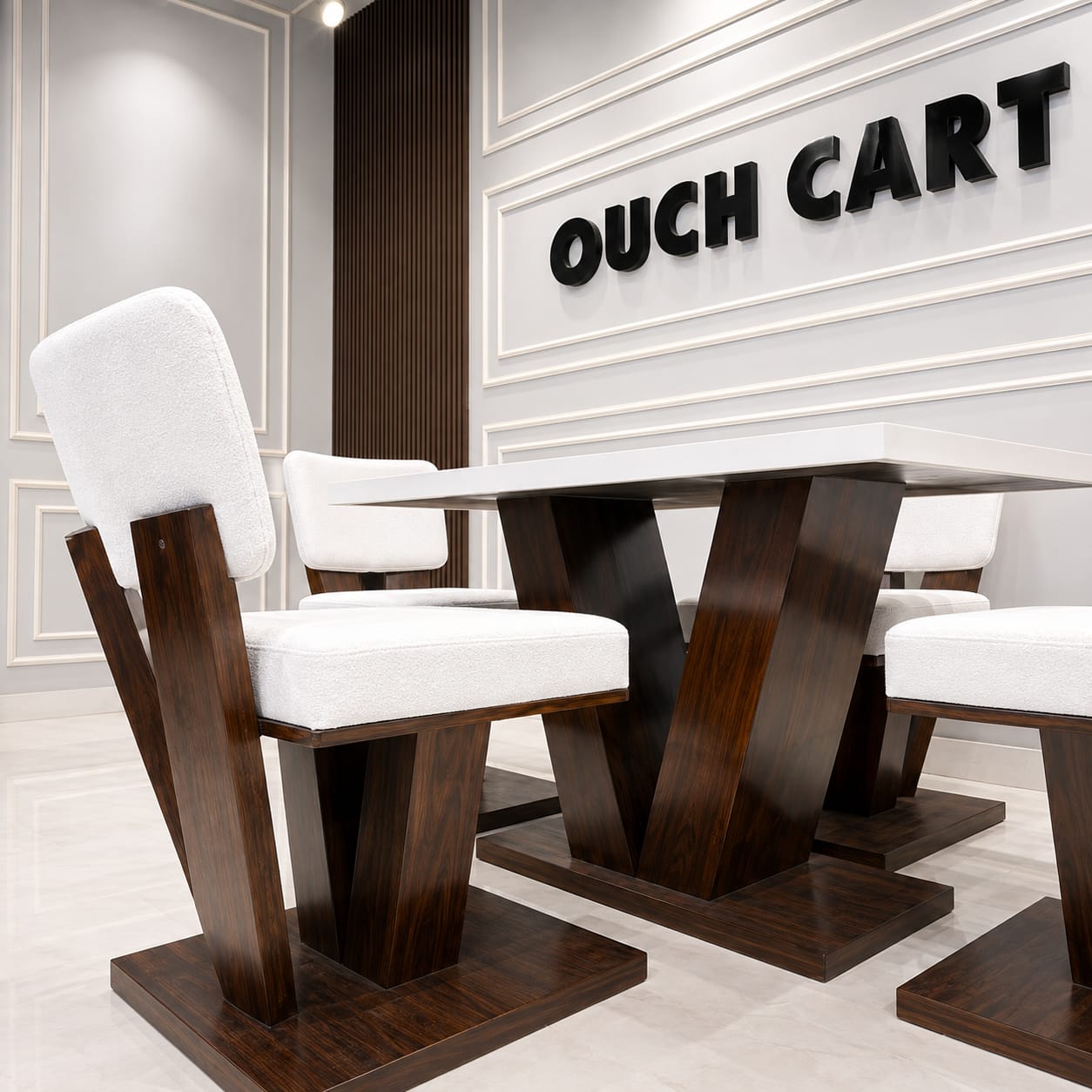Ouch Cart Modern 4 Seater Dining Table Set | White Table with Cushioned Chairs & Wooden Base