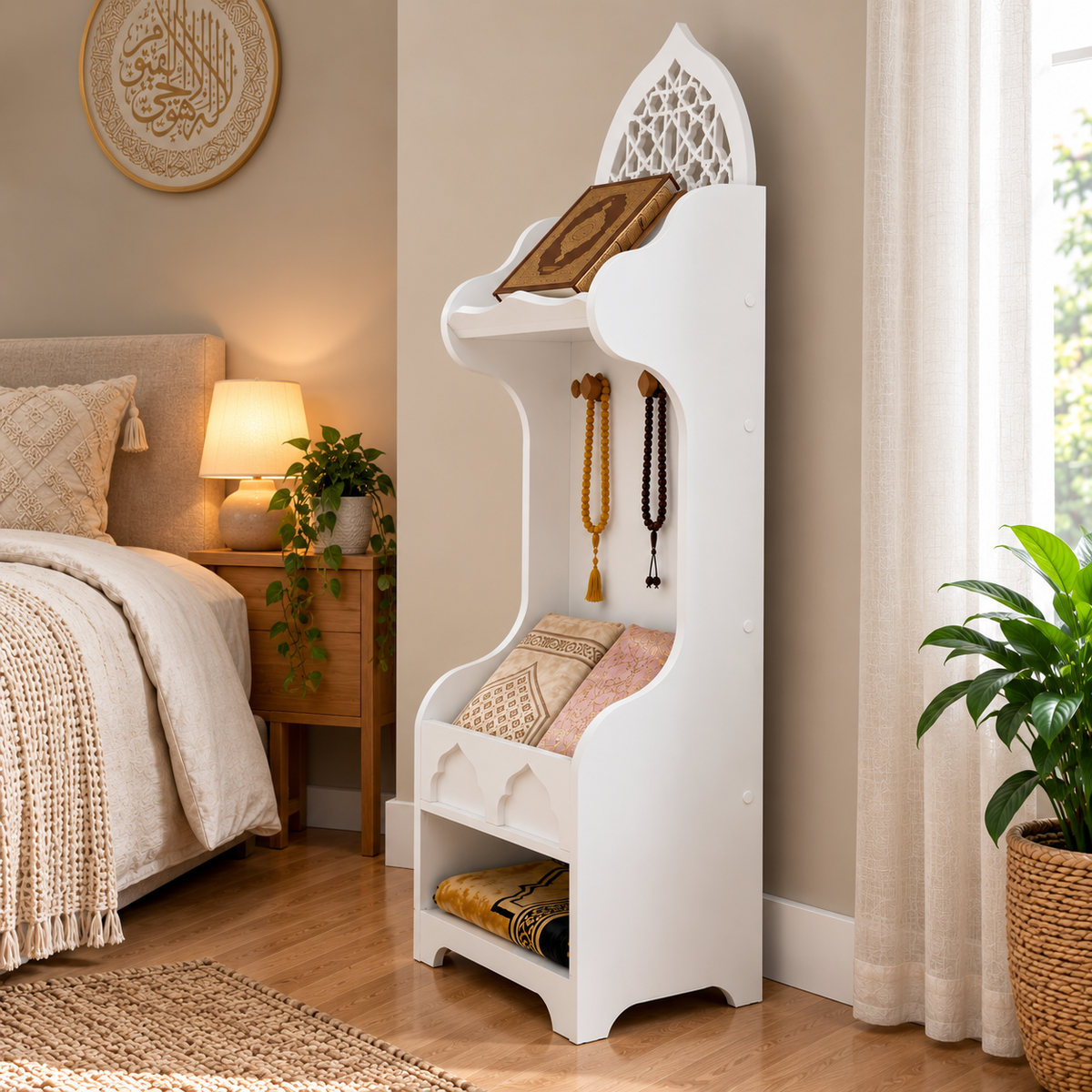 White Wooden Quran Stand & Prayer Storage Cabinet
