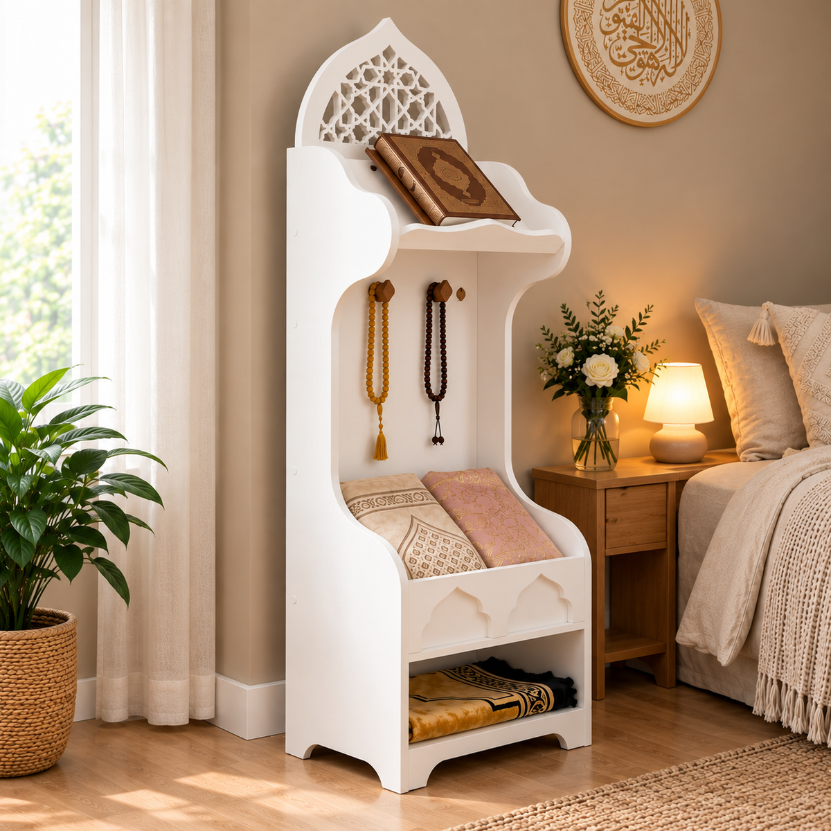 White Wooden Quran Stand & Prayer Storage Cabinet